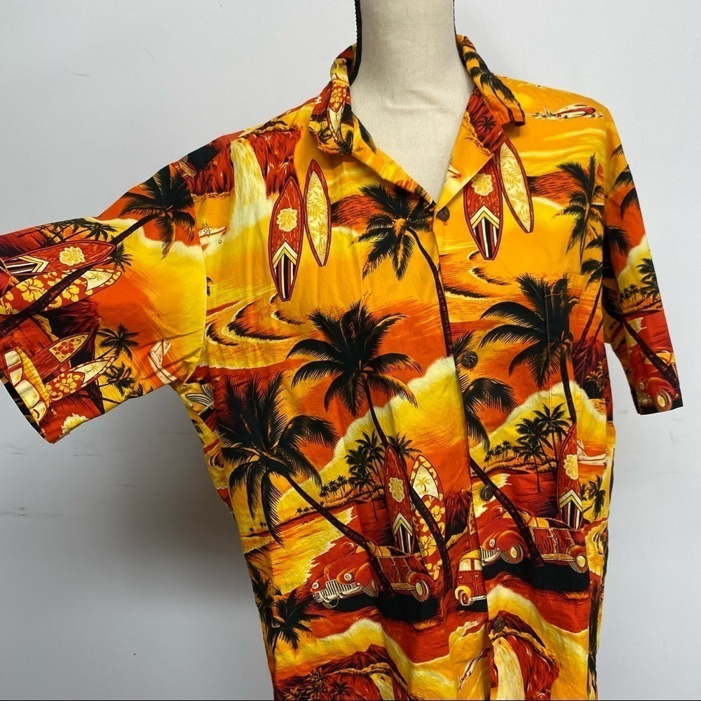 Royal Creations Hawaiian Tiki 100% Cotton Orange Yellow Red Shirt XL